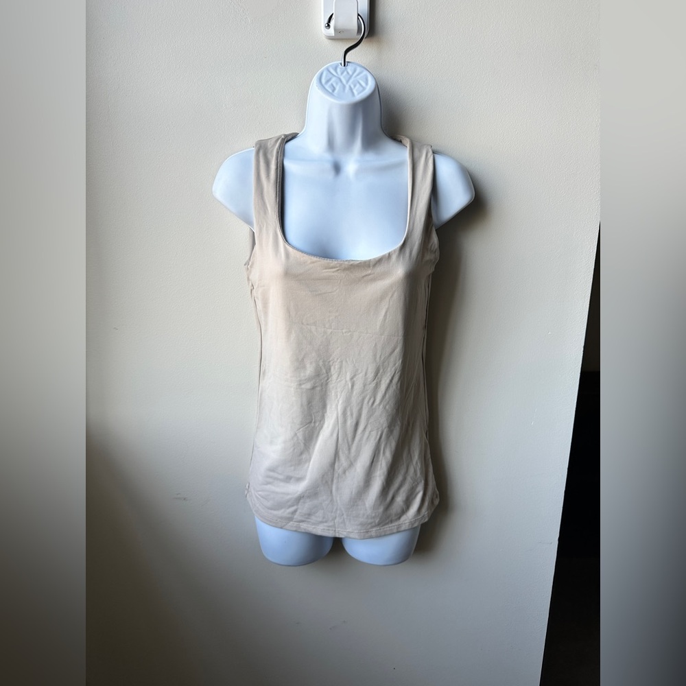 Beige Square Neck Sleeveless Tank Top Soft Stretch Fitted Layering Basic. M